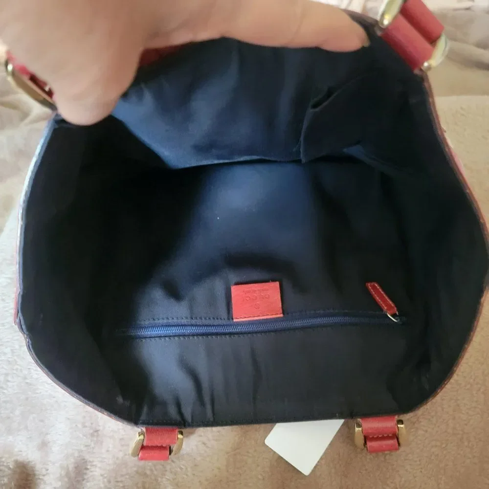 Authentic Gucci 3 Rings Abbey Hobo Handbag- Navy/Red Monogrammed Canvas - Picture 7 of 8
